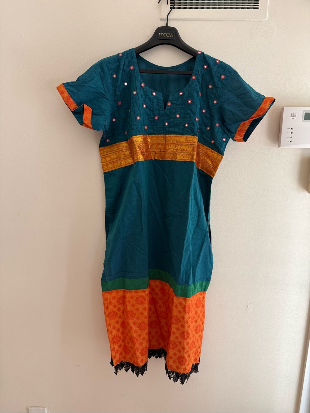 Teal and Orange Embroidered Kurta with Gold Accents